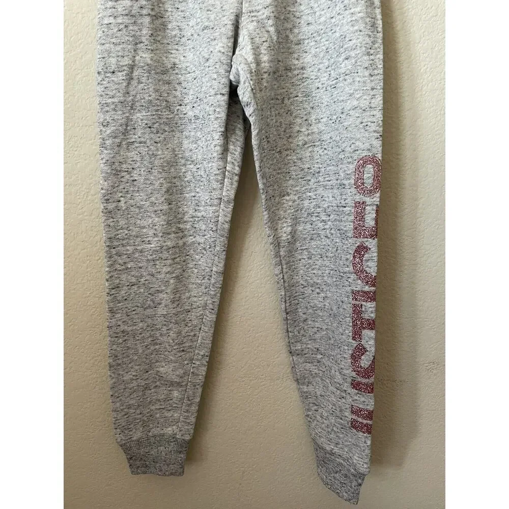 Justice Gray Rose Gold Sparkle Logo Mid Rise Full Length Joggers Pants Size 8
